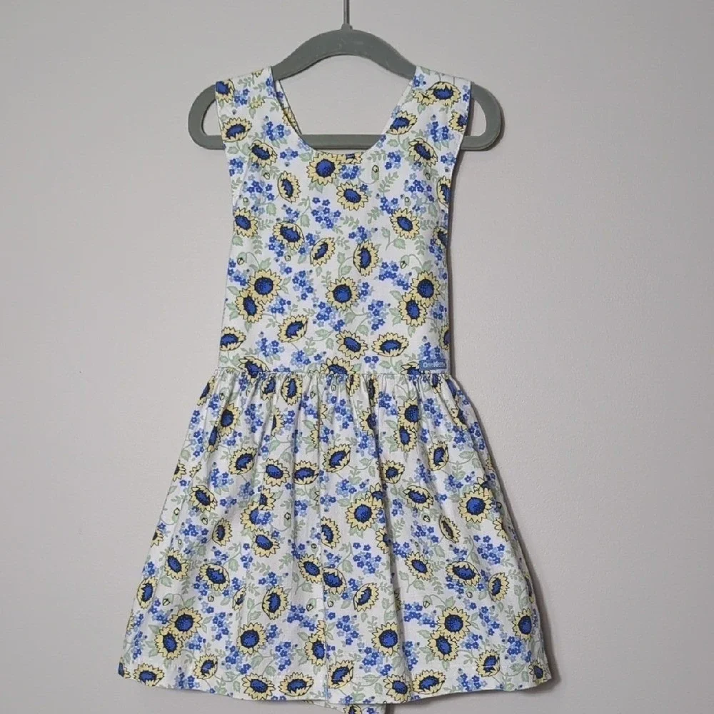 Vtg 90s OshKosh Girls 4T Blue Yellow Sunflower Cotton‎ Dress Jumper HTF! RARE!